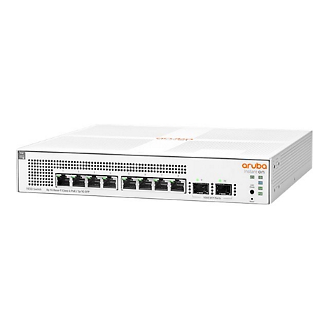 Un commutateur Aruba Instant On blanc avec divers ports et LED. L'appareil est représenté sur un fond blanc.