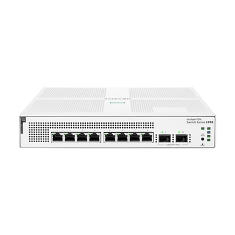Un appareil réseau blanc avec des ports, des étiquettes et des lumières vertes, sur un fond blanc.