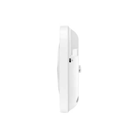 Vue latérale d'un appareil blanc rectangulaire aux coins arrondis. La partie supérieure a une forme semi-circulaire. Il possède un petit bouton gris.