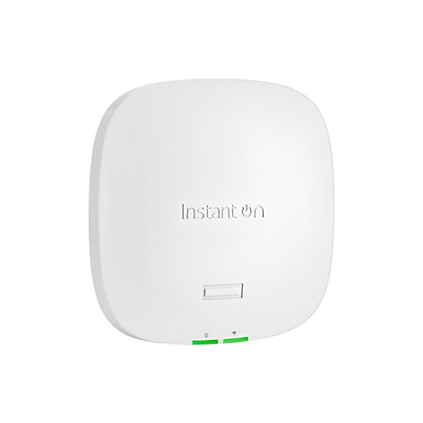 Appareil électronique blanc arrondi avec "Instant On" imprimé. Deux lumières vertes et un champ de port en bas.