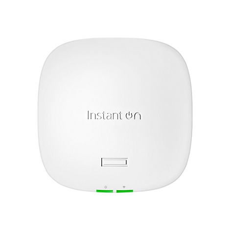Un appareil réseau blanc de forme ovale avec des voyants verts. Le texte 'Instant On' est visible sur la surface.