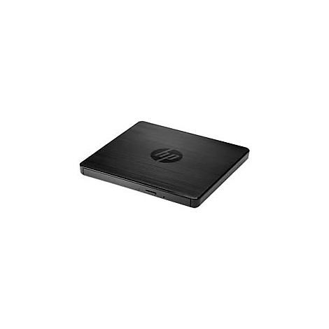 Lecteur DVD externe HP noir. Surface avec fines rainures, logo HP au centre.