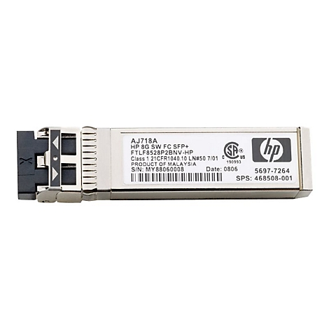 Ein silberner HP SFP+-Transceiver. Aufschrift mit Modellnummern und HP Logo.