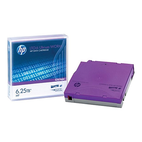HP LTO-6 Ultrium WORM Datenkassette, lila, neben einer transparenten Box, 6,25 TB Kapazität.