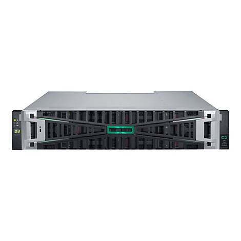 Ein Server-Rack mit schwarzer Front und grünem HPE-Logo vor weißem Hintergrund. Die Frontplatte ist mit Lüftern und Laufwerksschächten ausgestattet.