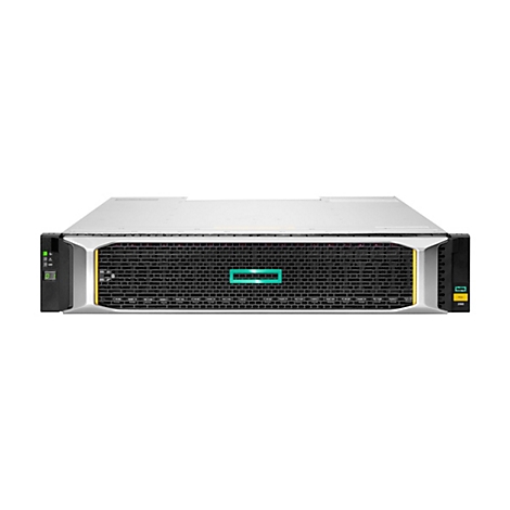 Ein Server-Rack mit einer schwarzen, rechteckigen Vorderseite, einem grünen HP-Logo und gelben Akzenten. Das Gerät steht vor einem weißen Hintergrund.