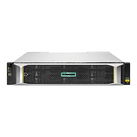 Ein Server-Rack mit schwarzer Front und gelben Akzenten, vor weißem Hintergrund. Grüne HP-Logo.