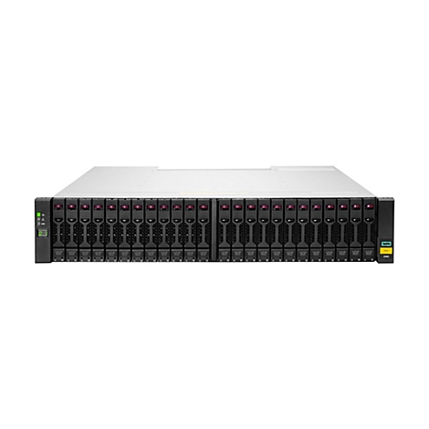 HPE MSA 2060 Speichersystem mit 24 Laufwerksschächten in einem schwarzen Rack-Gehäuse auf weißem Hintergrund.