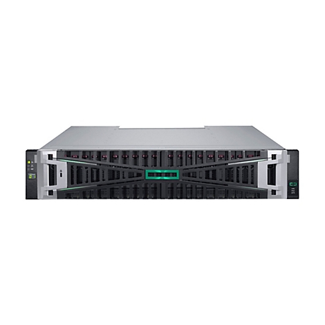 Ein Server-Rack mit schwarzer Front und grünem Akzent. Auf dem Rack befinden sich grüne Kontrollleuchten, und das HPE-Logo ist sichtbar.