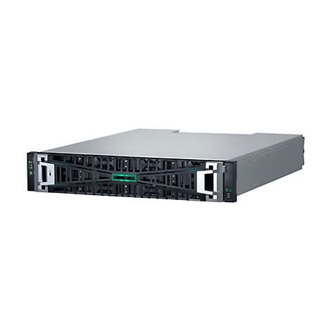Un serveur gris, vue de face, avec des détails noirs et verts. Le logo HPE est visible.