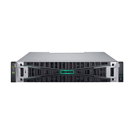 Un serveur en rack avec une façade grise et noire, des éléments verts et le logo HPE.