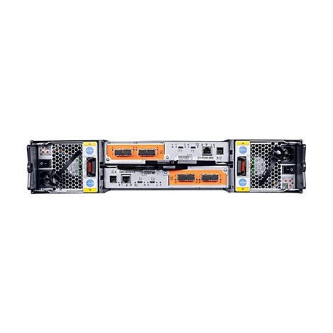 Matériel serveur photographié d'en haut, montrant des ventilateurs, des ports et des modules orange.