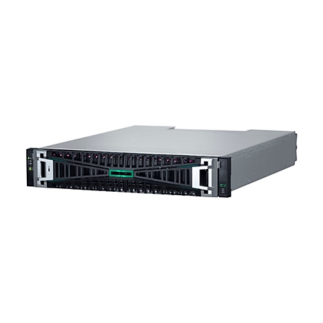 Un serveur rack HPE. L'appareil est gris avec des accents noirs et verts. Il y a des ventilateurs en haut et en bas. De nombreux baies de disques durs sont visibles.