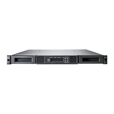 Serveur gris avec commandes et lumières sur fond blanc. Étiquette : HPE Storage, 1/8 G3 Tape Autoloader.