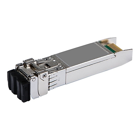 Module SFP argenté avec connecteur noir, vue détaillée. Le connecteur est à gauche.