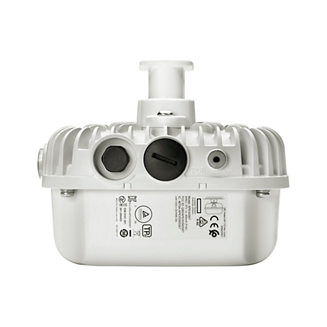 Appareil de point d'accès Wi-Fi gris clair, dessus avec ailettes de refroidissement, ports, renfoncements et sortie d'antenne. Les étiquettes et les logos sont visibles.