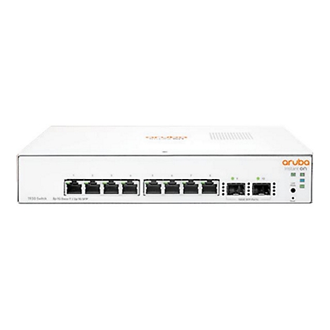 Commutateur réseau blanc avec ports, indicateurs LED et le texte "Aruba Instant On".