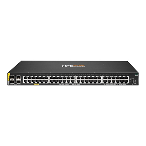 Schwarzer Netzwerk-Switch mit Ports und LED-Anzeigen, HPE Aruba Logo.