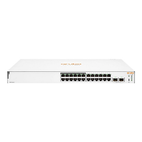 Commutateur Aruba Instant On blanc avec de nombreux ports et logo, sur fond blanc.