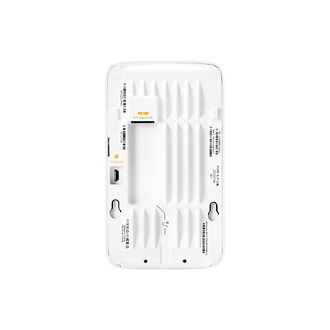 Rückseite eines weißen Access Points mit Barcodes, Anschlüssen und technischen Datenaufklebern.