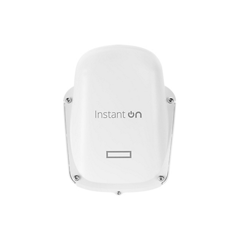 Ein weißes, abgerundetes elektronisches Gerät mit dem Schriftzug "Instant on" und einem rechteckigen Designmerkmal.