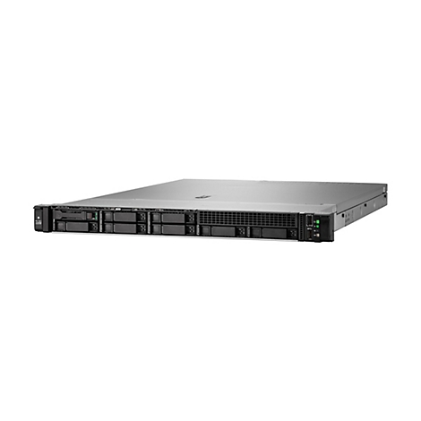 Un serveur rack sur fond blanc. Boîtier argenté avec de nombreux connecteurs et indicateurs.