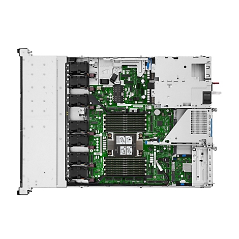 Draufsicht auf die Innenausstattung eines Servers, sichtbar sind grüne Leiterplatten, Lüfter und Metallkomponenten. Details umfassen Steckplätze, Anschlüsse und Beschriftungen.