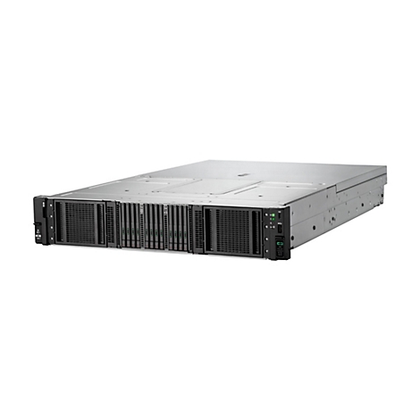 Un serveur argenté, vu de face, avec des fentes sombres pour les disques durs. Sur le devant, il y a un panneau de commande avec des indicateurs et des ports.