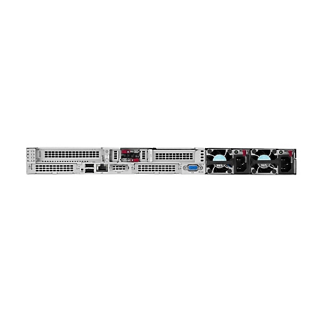 Rückansicht eines schwarzen Servers mit Lüftern und Anschlüssen. Der Server ist auf weißem Hintergrund zentriert.