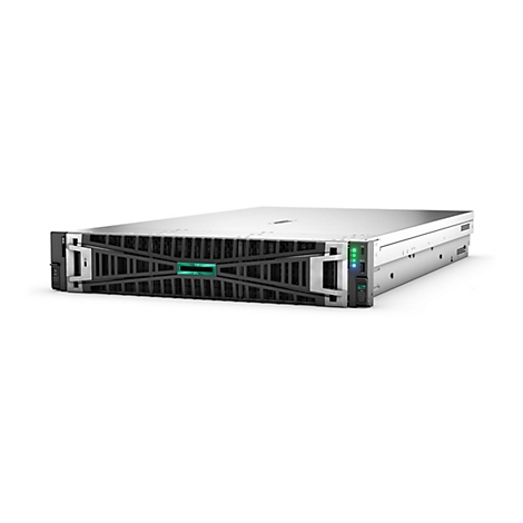 Ein Server, silberfarbenes Gehäuse mit grünem Logo. Vorne Lüftergitter, rechts Anzeigeleuchten.
