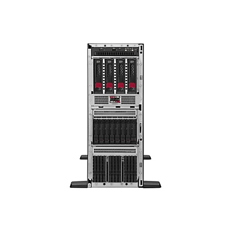 Un rack serveur avec plusieurs emplacements pour disques durs, marqués en rouge. Les éléments noirs et argentés dominent la structure verticale.