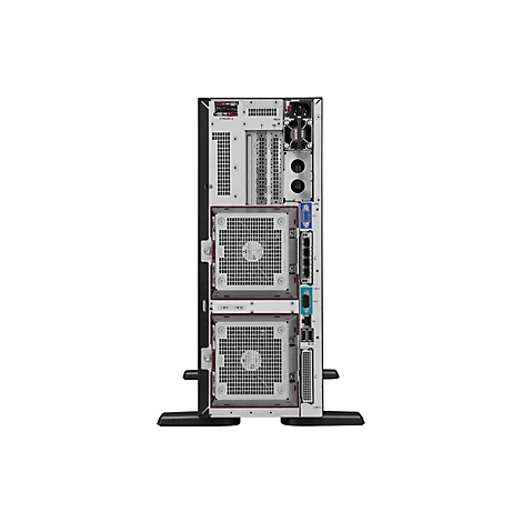 Rückansicht eines schwarzen Servers mit Lüftern und Anschlüssen. Aufrecht stehend, auf schwarzem Sockel.