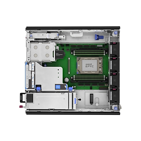 Draufsicht auf die Innenausstattung eines Servers. Ein grünes Mainboard mit einem AMD EPYC-Prozessor ist zentral platziert, umgeben von Komponenten, Kühlkörpern und Anschlüssen.