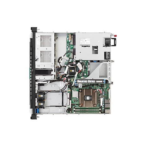 Draufsicht auf die Innenausstattung eines Servers. Mehrere Leiterplatten, Festplatten und Lüfter sind zu sehen. Viele Kabel und Anschlüsse sind zu erkennen.