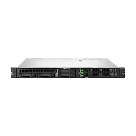 Ein Server-Rack mit schwarzen Festplatten-Einschüben und grünen und blauen Kontrollleuchten auf weißem Hintergrund.