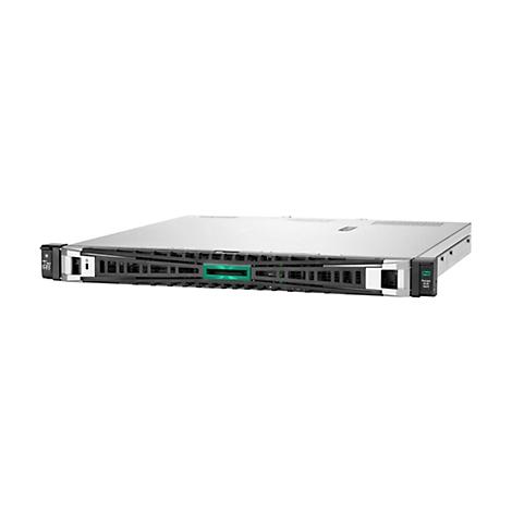 Ein Server in Silber und Schwarz auf weißem Hintergrund. Das Gerät hat Lüftungsöffnungen, Knöpfe und grüne Akzente.