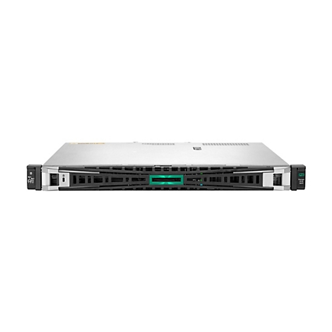 Ein Server-Rack von vorne, in Grau-Schwarz gehalten. Auf der Vorderseite befindet sich ein grünes Logo, sowie der Schriftzug "ProLiant DL20 Gen11".