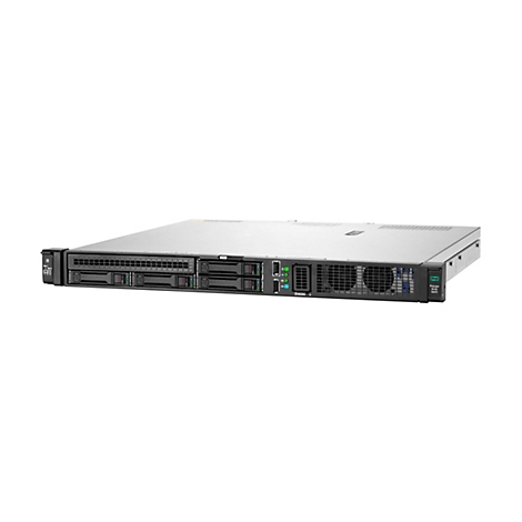 Ein grauer Server vor weißem Hintergrund. Vorne sind SSD-Festplatten installiert, daneben Kontrollleuchten.