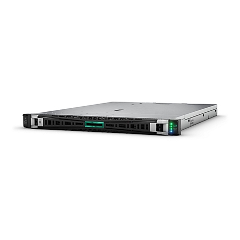 Un serveur rack gris, vue de face, sur fond blanc. Marque HP verte.