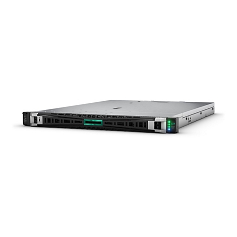 Ein Server, silberfarben mit schwarzer Front und grünem Akzent. Auf der Vorderseite sind Einschübe für Festplatten oder ähnliches zu sehen.