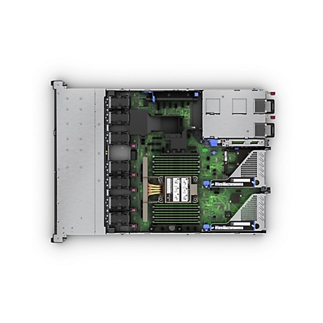 Draufsicht auf einen Server; Gehäuse, grüne Platine, silberne Komponenten, Lüfter, Anschlüsse.