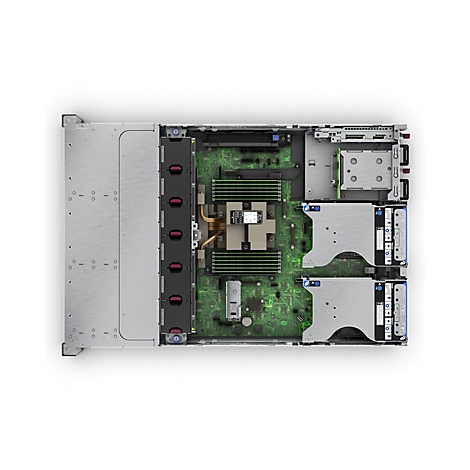 Vue de dessus d'un serveur. On peut voir des cartes de circuits imprimés vertes, des boîtiers de disques durs argentés et des ventilateurs.
