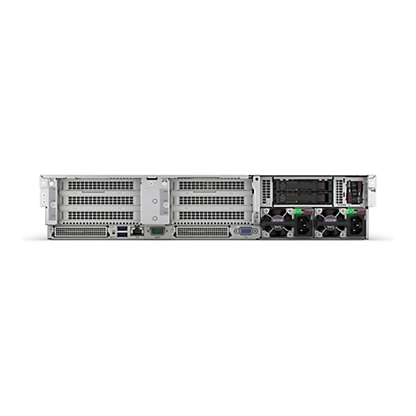 Rückansicht eines silberfarbenen Servers, der auf weißem Hintergrund steht. Lüfter, Anschlüsse und SSD-Slots sind deutlich zu sehen.