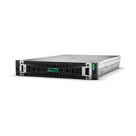Ein Serverrack auf weißem Hintergrund. Die Vorderseite ist schwarz, mit einem grünen Logo. Oben ist ein graues Gehäuse zu sehen.