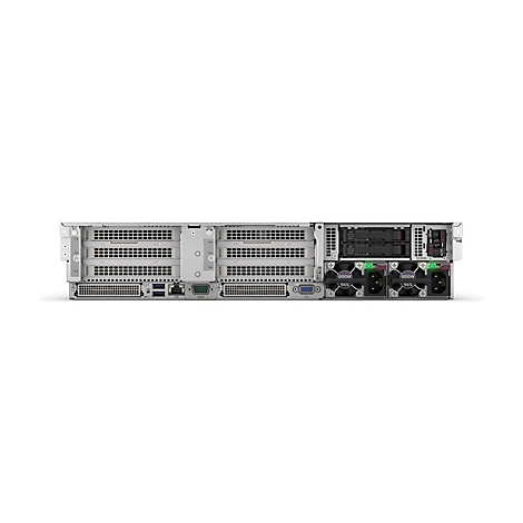 Ein Server von hinten, mit Lüftern, Steckplätzen und Anschlüssen. Der Server ist silberfarben.