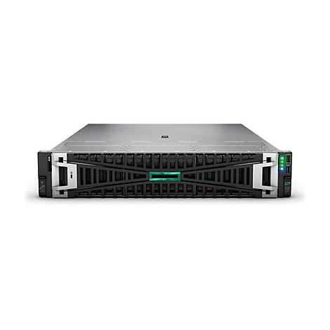 Ein Server-Rack in Schwarz und Grau mit HP-Logo. Grüne und blaue Lichter an der Vorderseite zeigen den Betrieb.