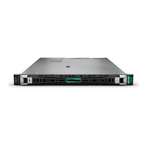 Ein Server-Rack in silber und schwarz auf weißem Hintergrund. Vorne befinden sich grüne Akzente und Anzeigen.