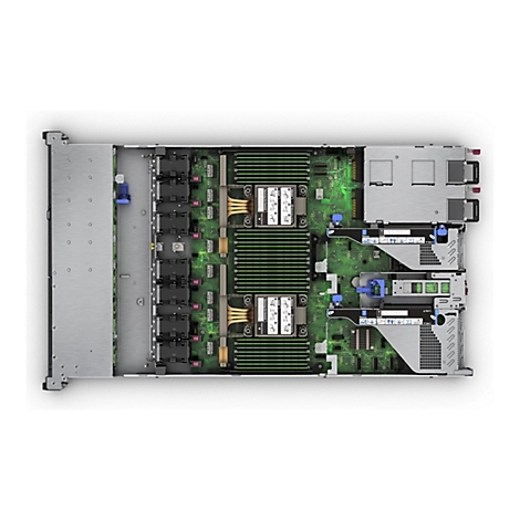Draufsicht auf einen Server. Bauteile wie CPU, RAM und Steckkarten sind auf einer grünen Platine angeordnet. Metallabdeckungen und Kühlkörper bedecken Teile der Hardware. Beschriftungen und Piktogramme sind ebenfalls zu sehen.