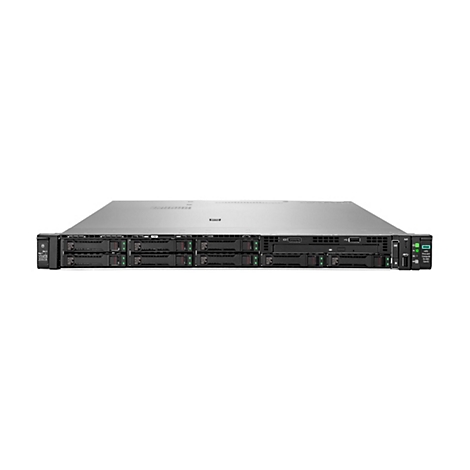 Un serveur rack gris, photographié de face, sur un fond blanc. Il possède plusieurs emplacements pour disques durs et divers ports.