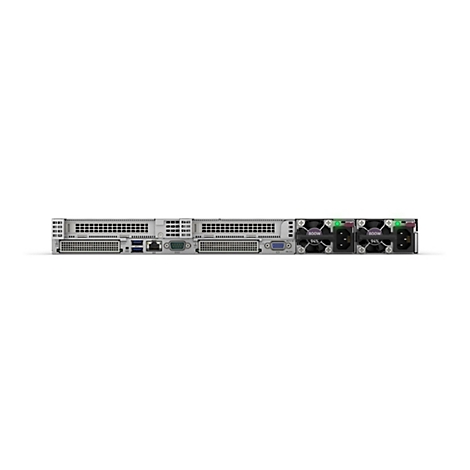Rückansicht eines Servers auf weißem Hintergrund. Zwei Lüfter, Anschlüsse und Anzeigen sind zu sehen.